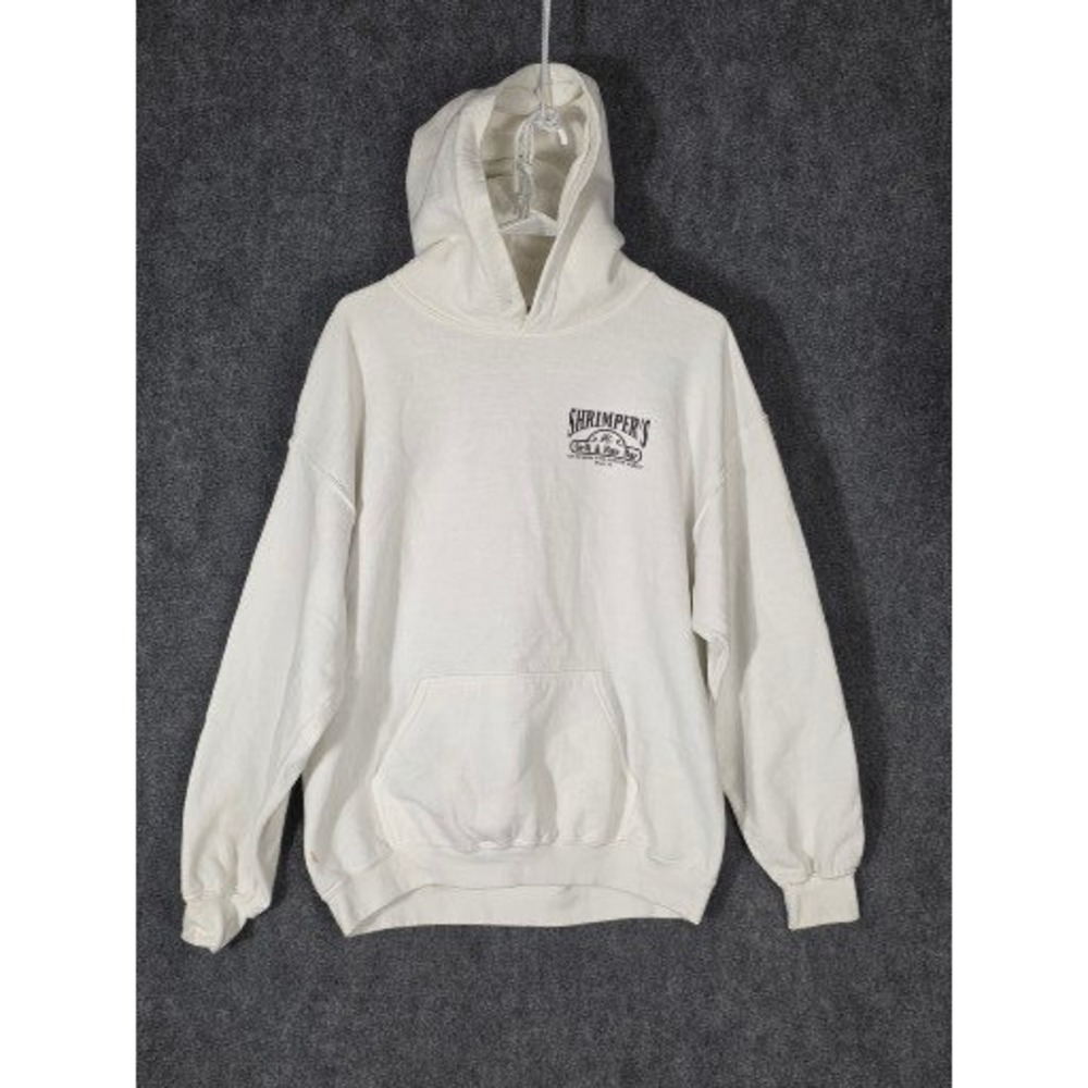 Shrumpers Grill and Raw Bar White Graphic Hoodie Destination Stuart Florida Sz L